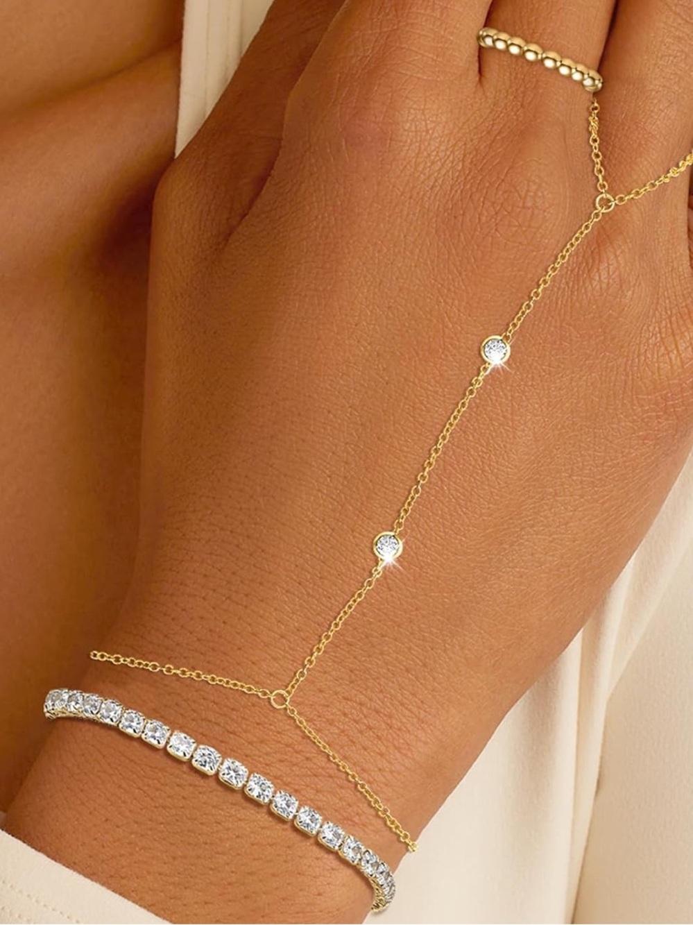 Anthropologie Gold Hand Chain with Clear Stones